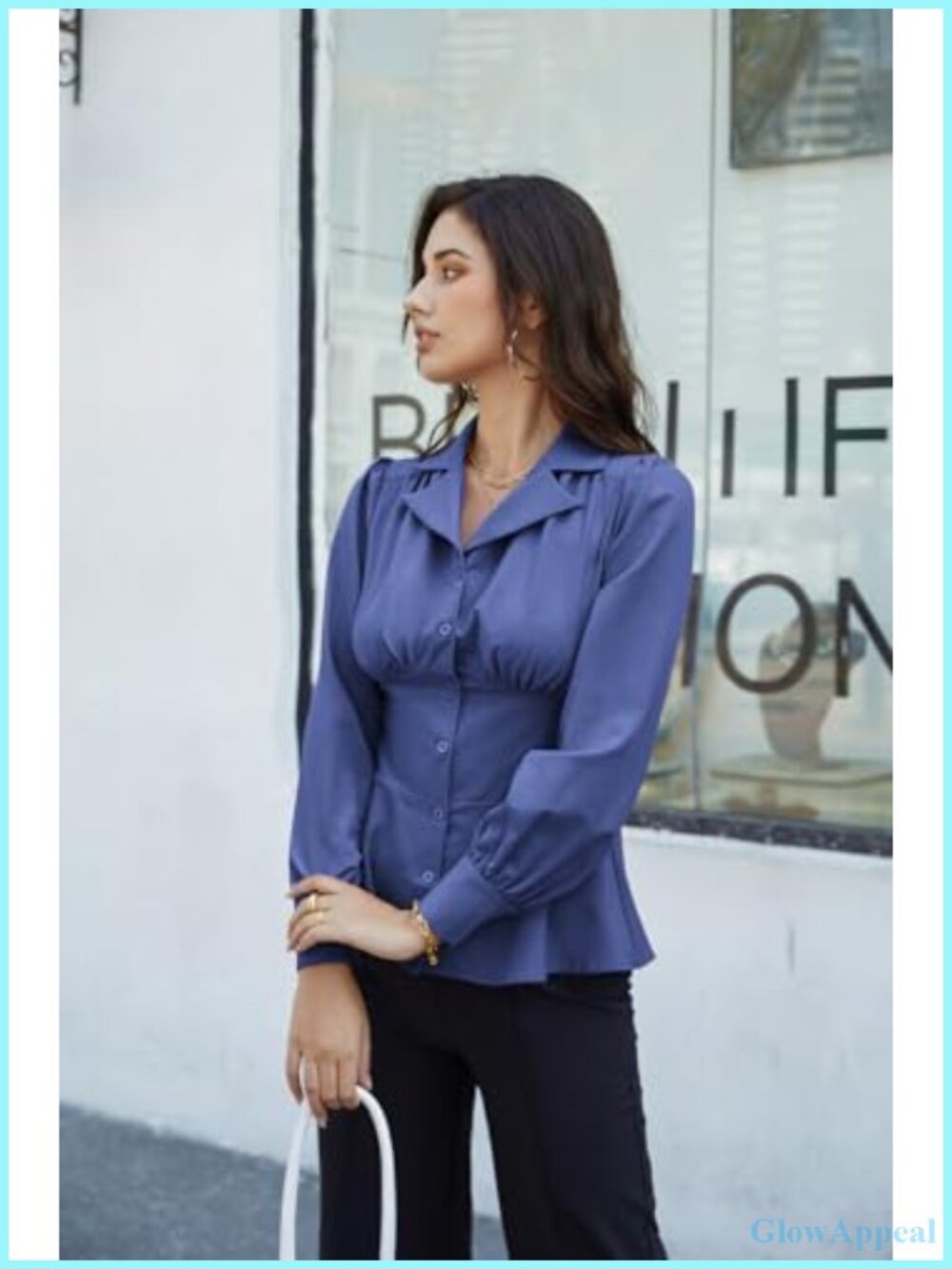 Long Sleeve Dressy Peplum Blouse Button Down Business Casual Work Tops Women - Picture 2 of 6